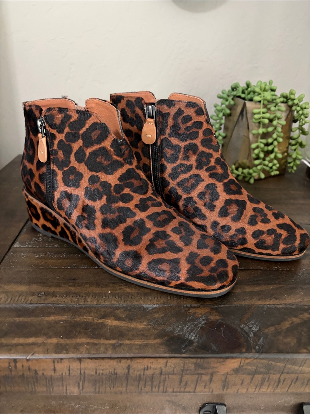 gentle souls Leopard-Print Side Zip Wedge Ankle Booties - Brown & Black